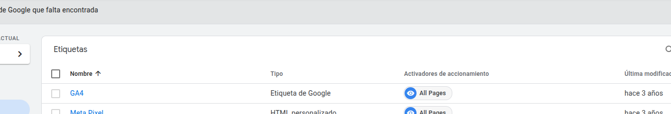 Detalle de etiquetas de conversión y vinculador en GTM