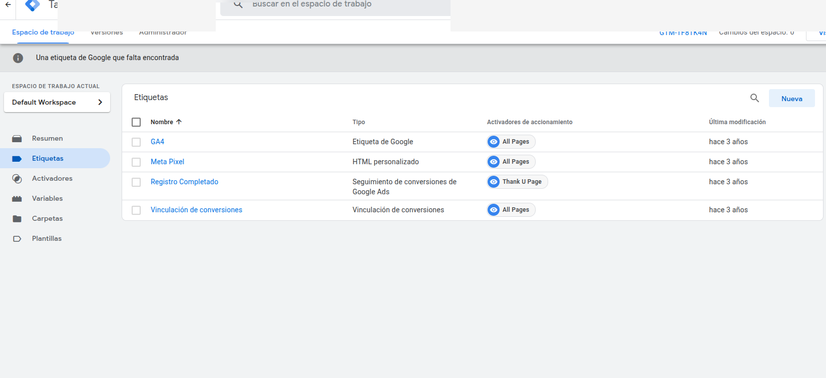 Lista de etiquetas en GTM